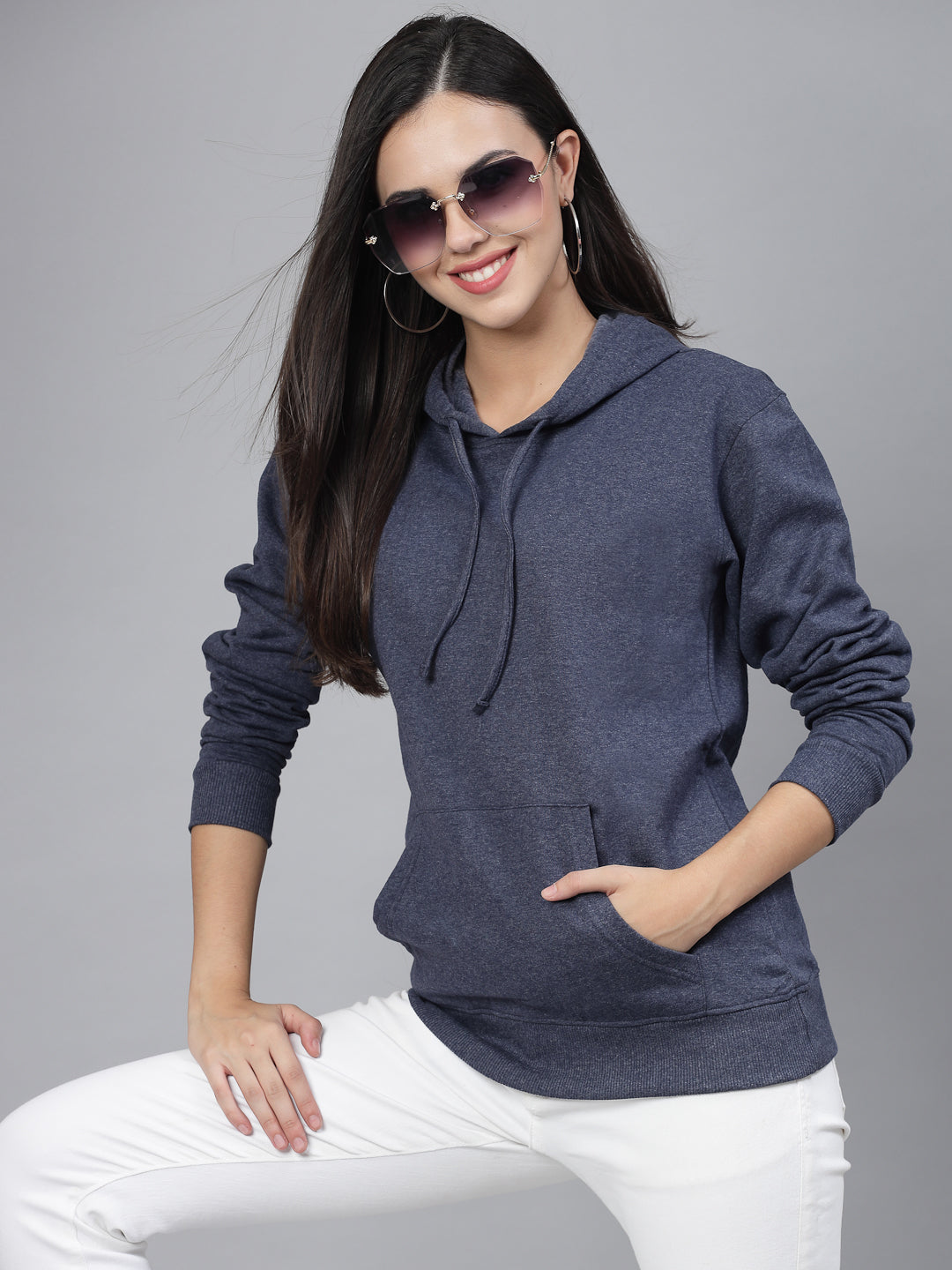 Style Quotient women navy blue hooded oversized sweatshirt-Sweaters-StyleQuotient