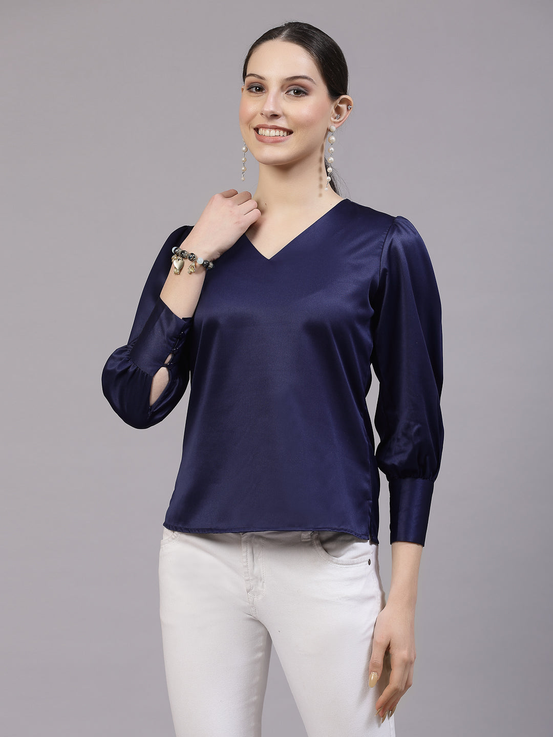 Style Quotient Women Solid Navy Satin Casual Top-Tops-StyleQuotient