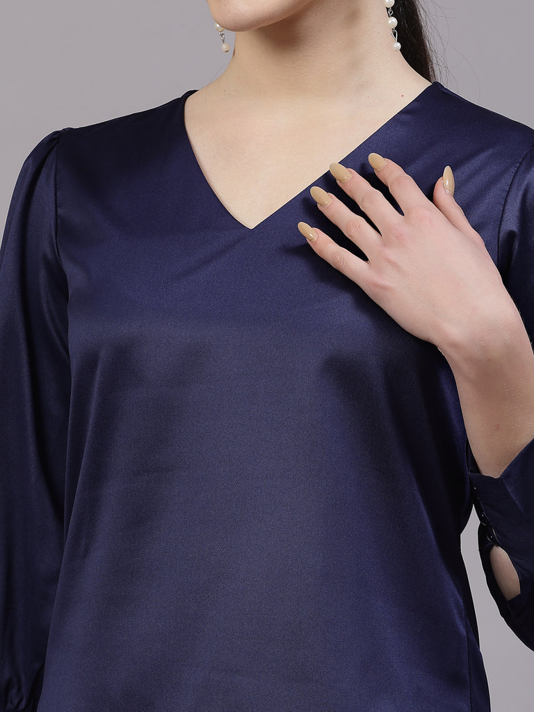 Style Quotient Women Solid Navy Satin Casual Top-Tops-StyleQuotient