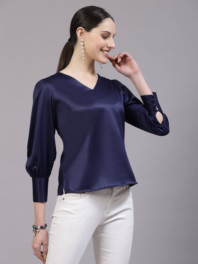 Style Quotient Women Solid Navy Satin Casual Top-Tops-StyleQuotient