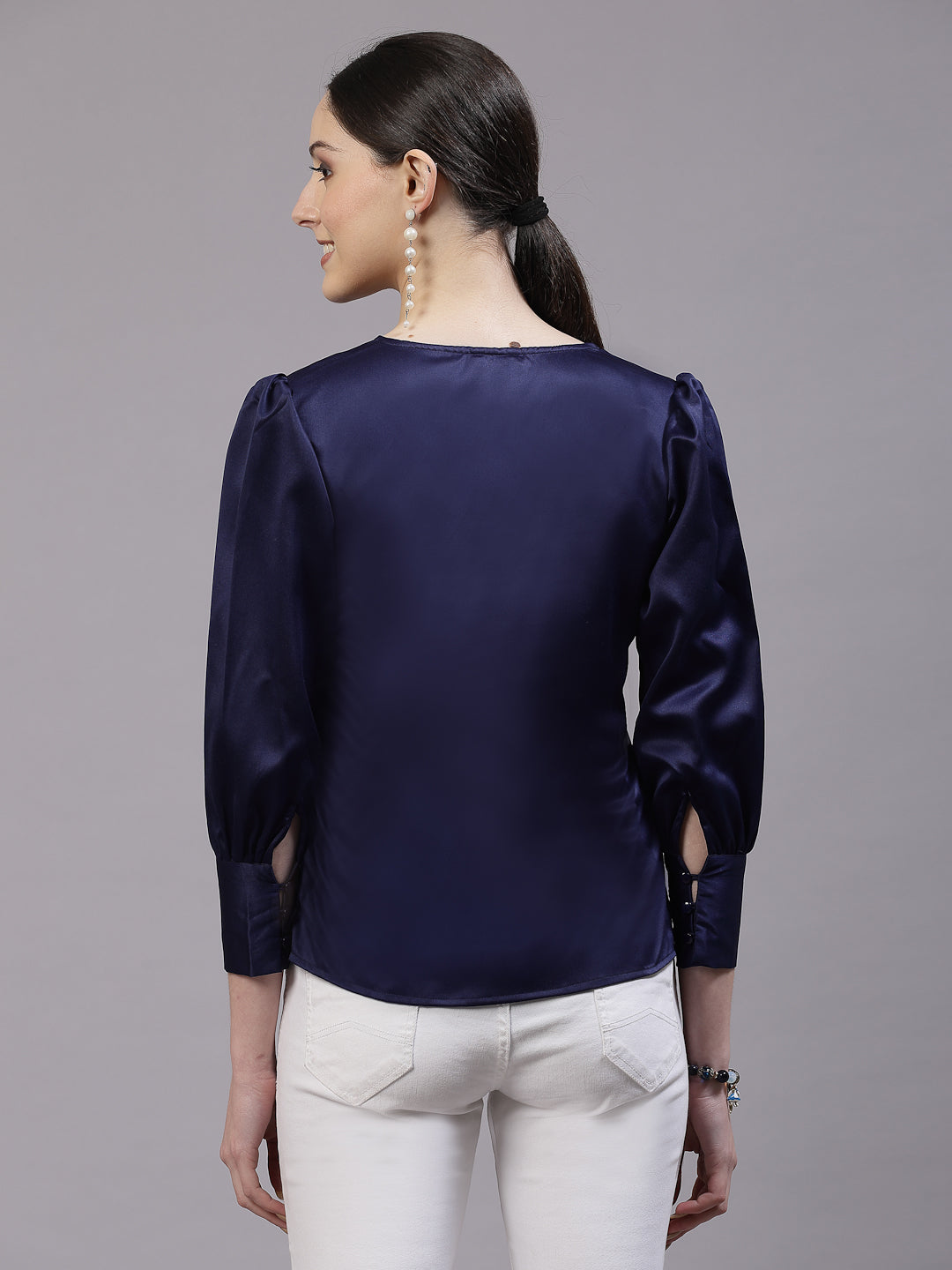 Style Quotient Women Solid Navy Satin Casual Top-Tops-StyleQuotient