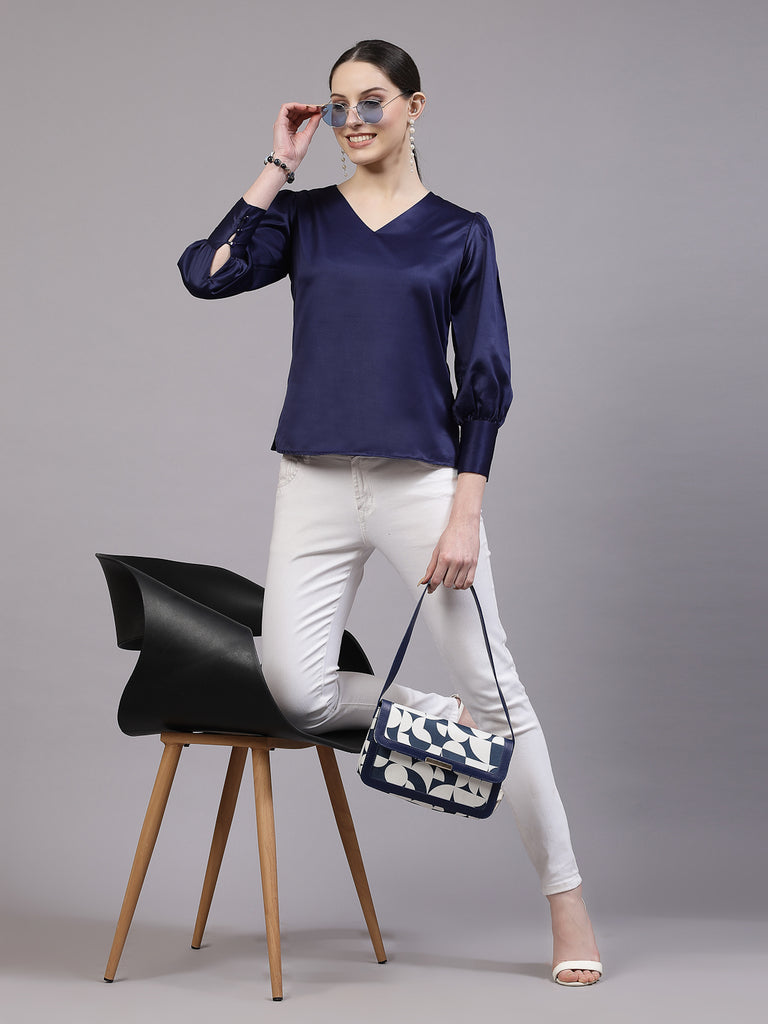 Style Quotient Women Solid Navy Satin Casual Top-Tops-StyleQuotient