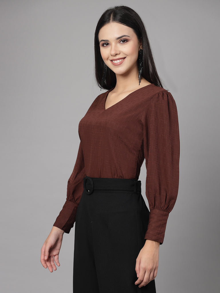 Style Quotient Women Brown Self Design Polyester Regular Smart Casual Top-Tops-StyleQuotient