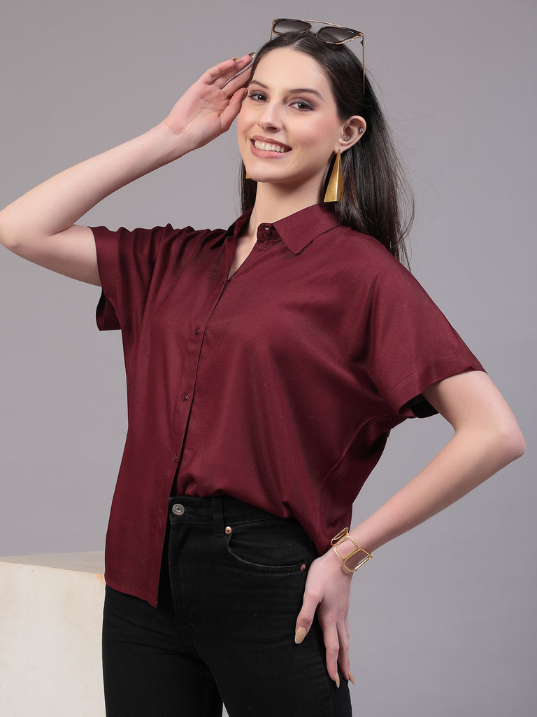 Style Quotient Women Relaxed Fit Maroon Spread Collar Extended Sleeve Shirt-Shirts-StyleQuotient