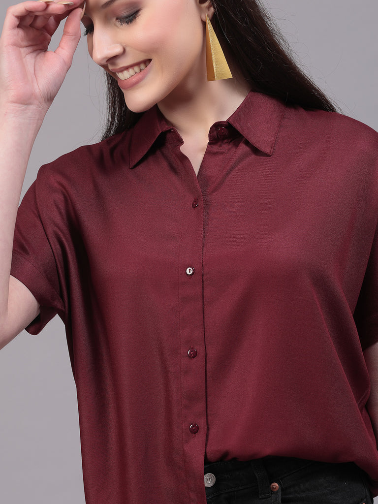 Style Quotient Women Relaxed Fit Maroon Spread Collar Extended Sleeve Shirt-Shirts-StyleQuotient