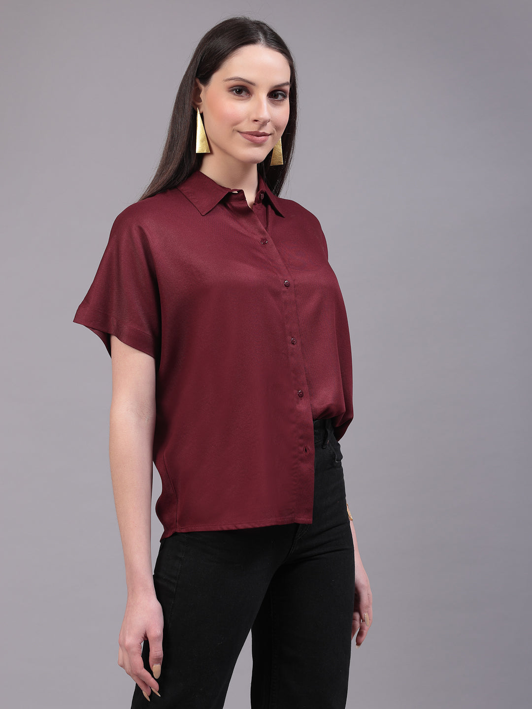 Style Quotient Women Relaxed Fit Maroon Spread Collar Extended Sleeve Shirt-Shirts-StyleQuotient