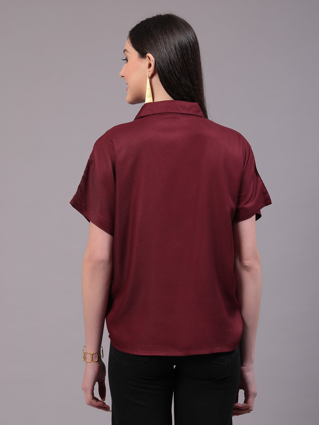 Style Quotient Women Relaxed Fit Maroon Spread Collar Extended Sleeve Shirt-Shirts-StyleQuotient