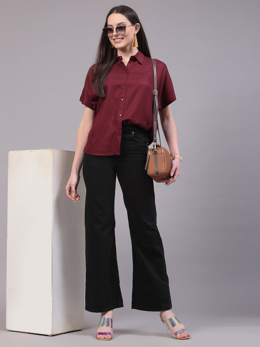 Style Quotient Women Relaxed Fit Maroon Spread Collar Extended Sleeve Shirt-Shirts-StyleQuotient