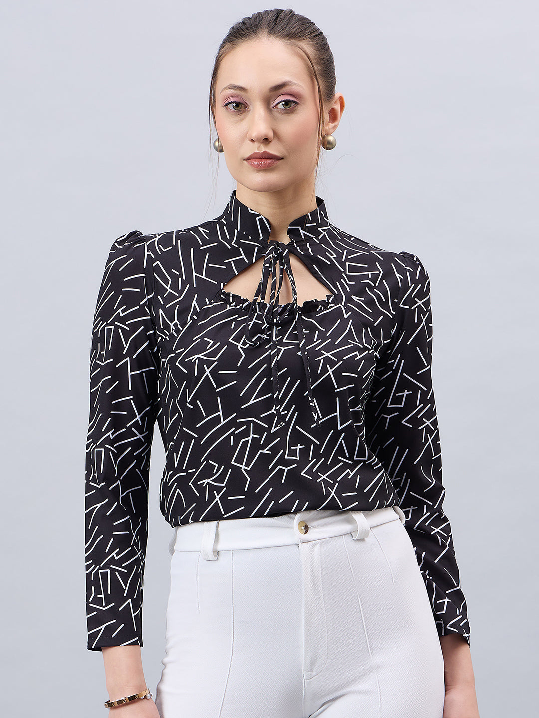 Style Quotient Women Smart Printed top with Neck Tie-up Full Sleeve Shirt-Tops-StyleQuotient