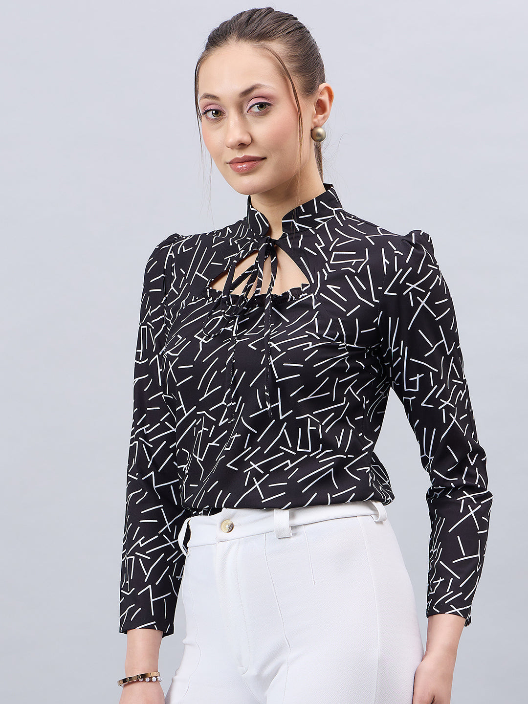 Style Quotient Women Smart Printed top with Neck Tie-up Full Sleeve Shirt-Tops-StyleQuotient