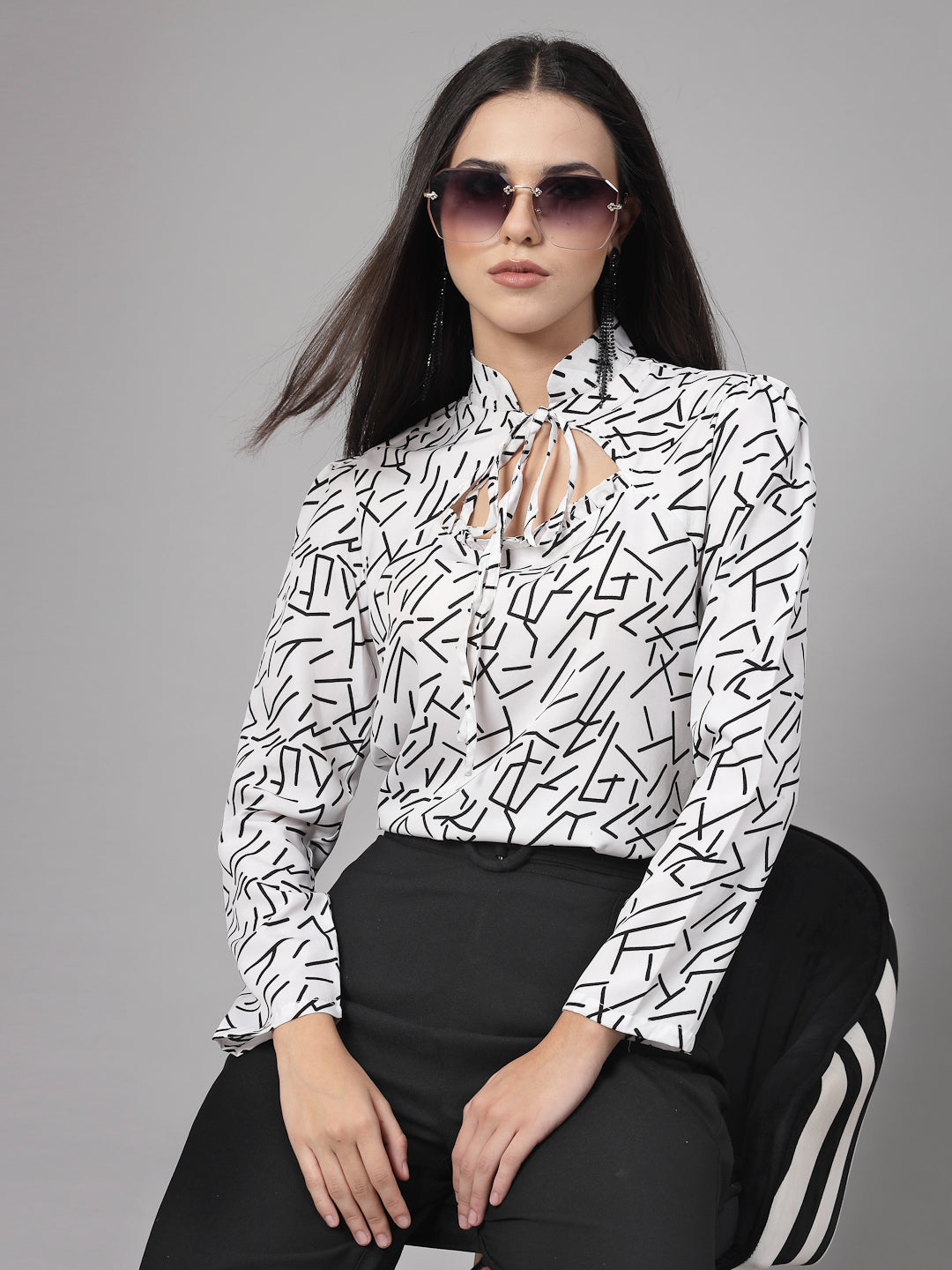 Style Quotient Women Black And White Abstract Print Polyester Smart Casual Top-Tops-StyleQuotient