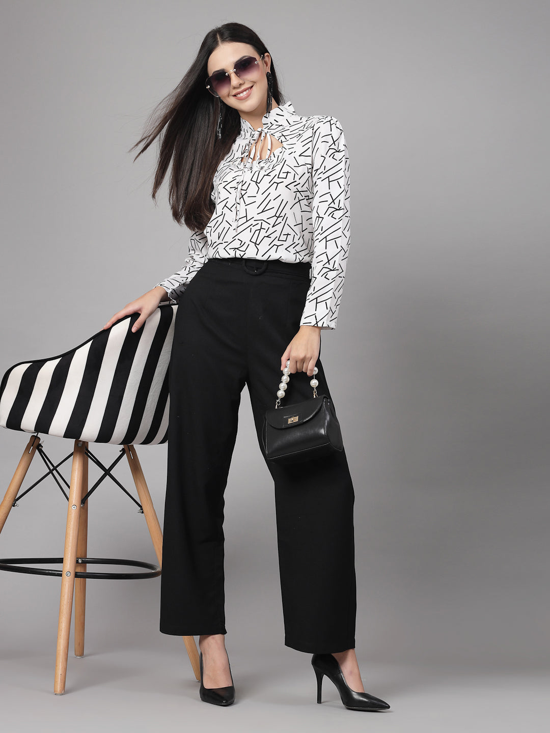 Style Quotient Women Black And White Abstract Print Polyester Smart Casual Top-Tops-StyleQuotient