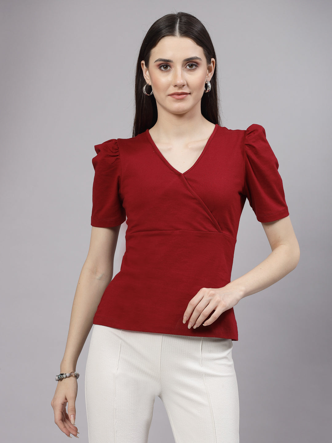 Style Quotient Women Fitted Maroon Overlap Top-Shirts-StyleQuotient