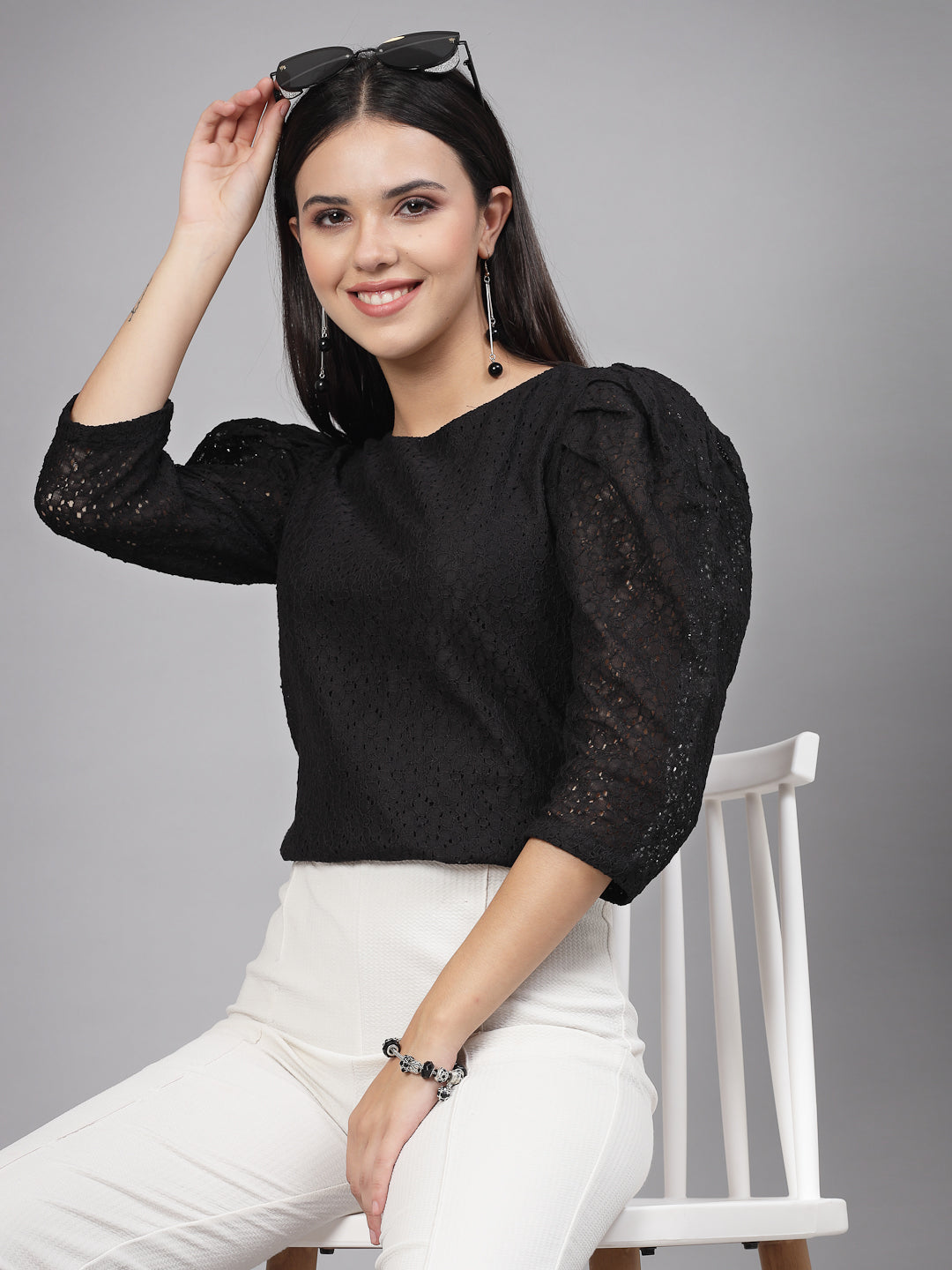 Style Quotient Women Black Self Design Floral Lace Regular Smart Casual Top-Tops-StyleQuotient