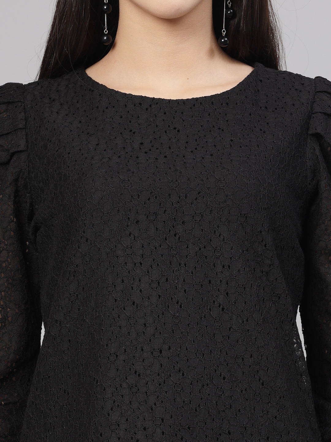 Style Quotient Women Black Self Design Floral Lace Regular Smart Casual Top-Tops-StyleQuotient