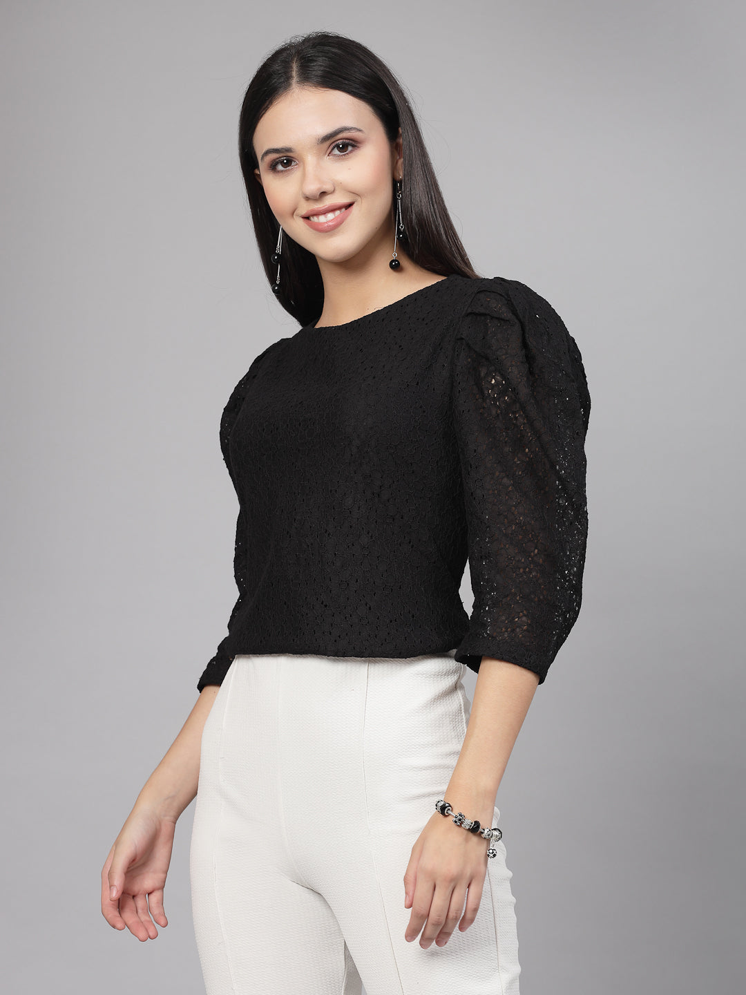 Style Quotient Women Black Self Design Floral Lace Regular Smart Casual Top-Tops-StyleQuotient