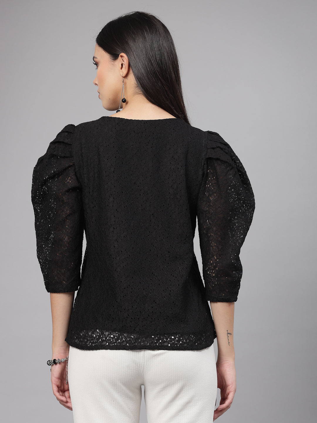 Style Quotient Women Black Self Design Floral Lace Regular Smart Casual Top-Tops-StyleQuotient