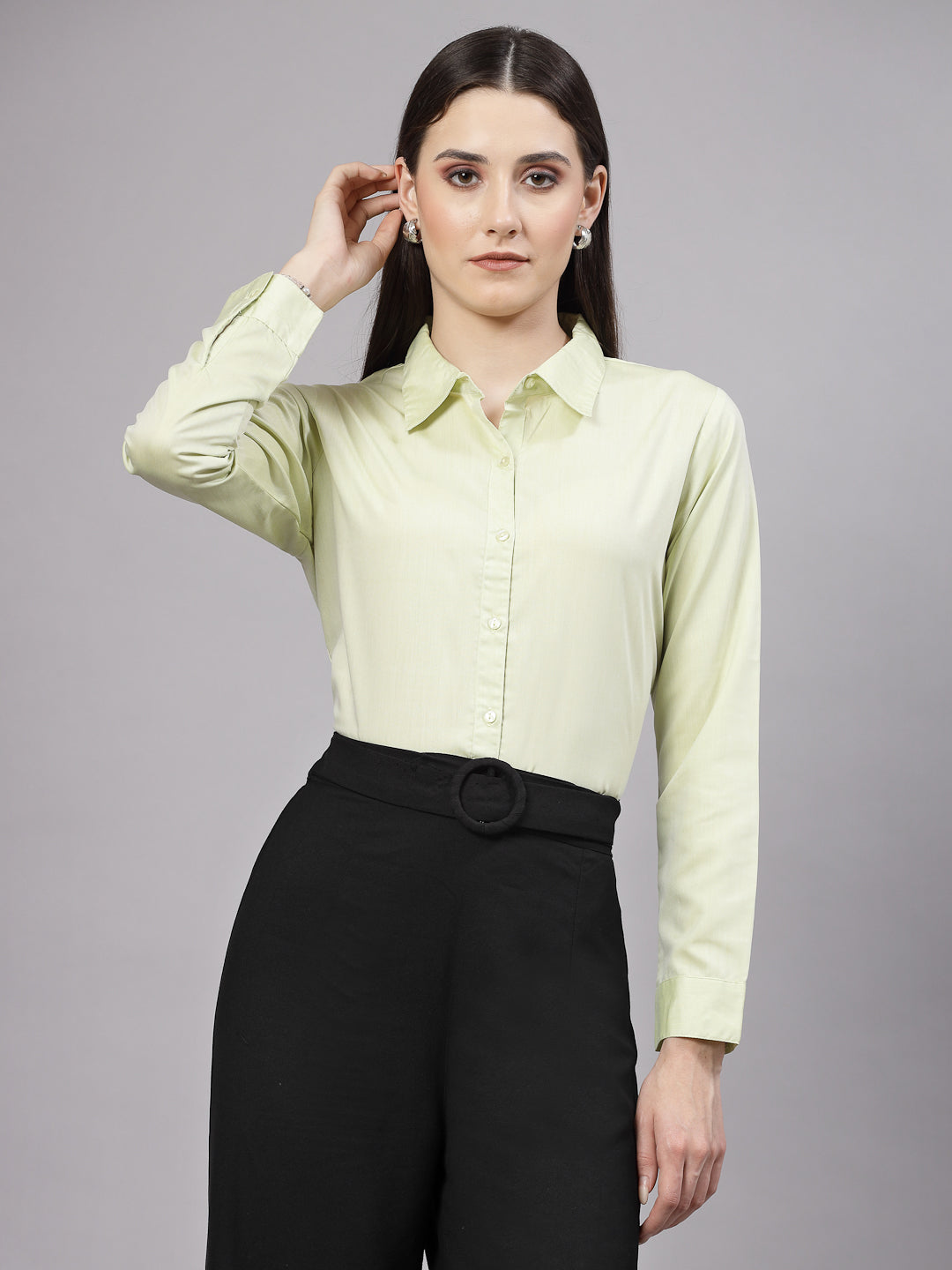 Style Quotient Women Solid Green Regular Formal Shirt-Shirts-StyleQuotient