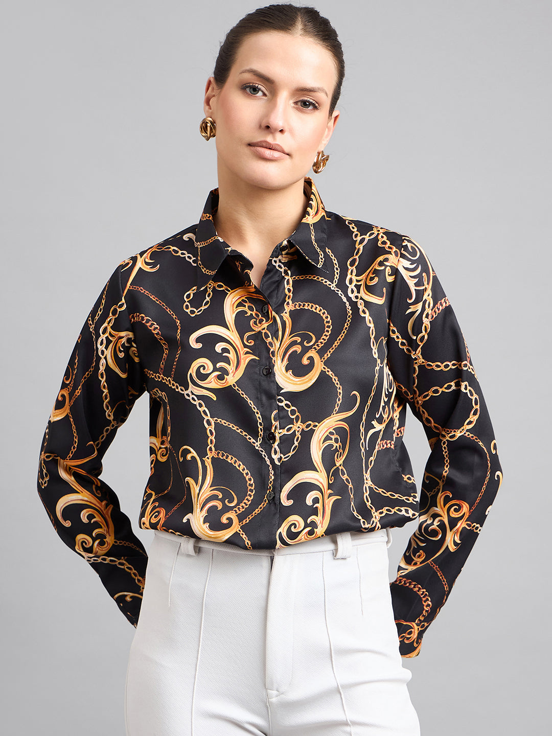 Style Quotient Women Black and Gold Chain Printed Polycrepe Regular Shirt-Shirts-StyleQuotient