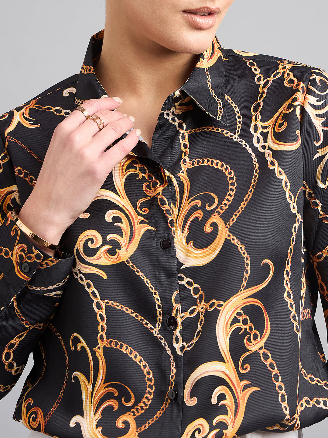 Style Quotient Women Black and Gold Chain Printed Polycrepe Regular Shirt-Shirts-StyleQuotient