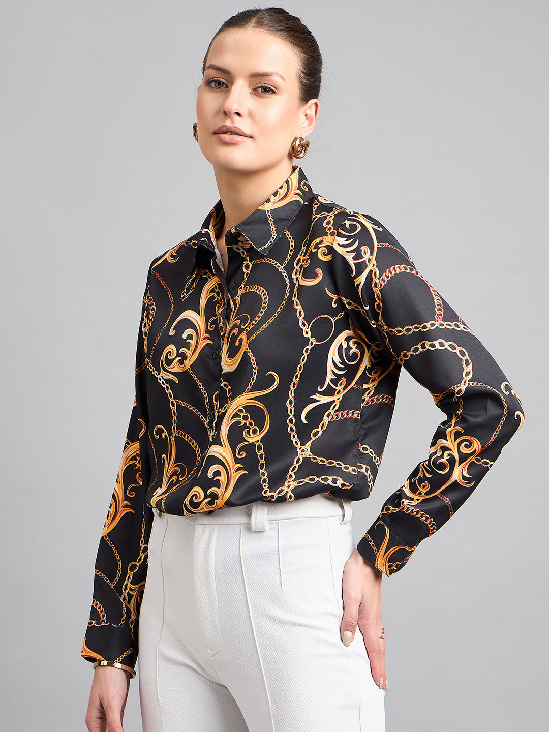 Style Quotient Women Black and Gold Chain Printed Polycrepe Regular Shirt-Shirts-StyleQuotient