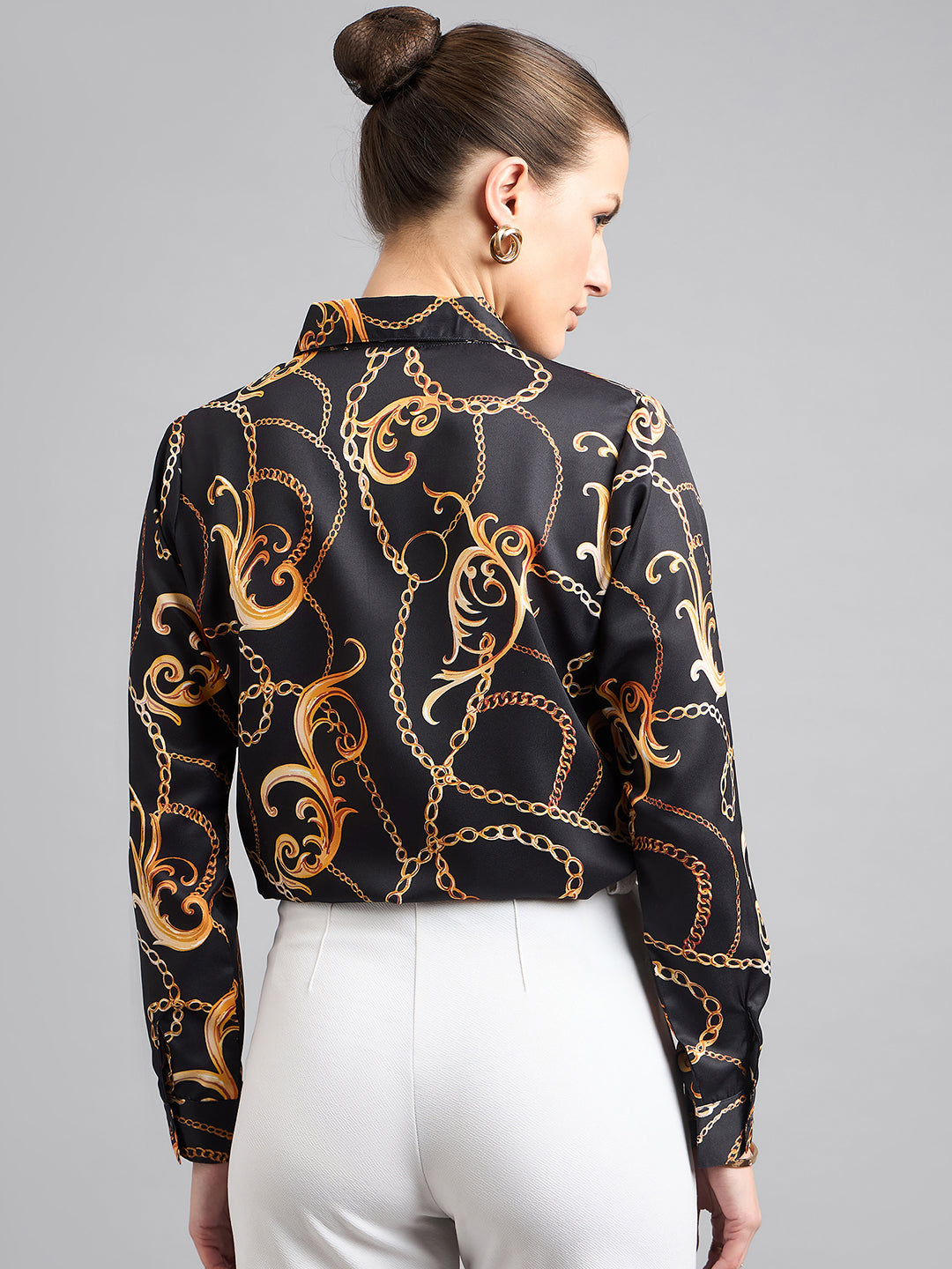 Style Quotient Women Black and Gold Chain Printed Polycrepe Regular Shirt-Shirts-StyleQuotient