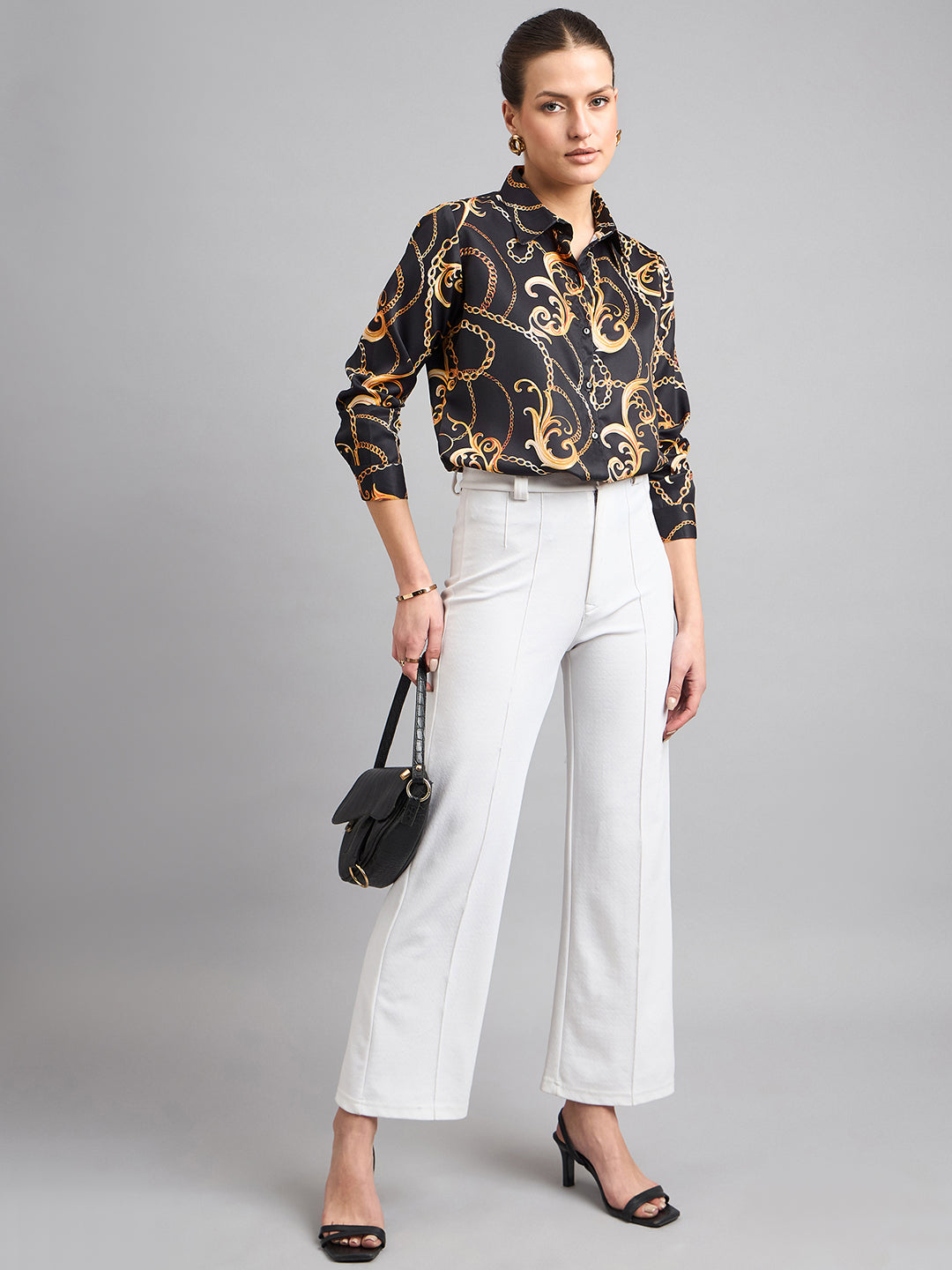 Style Quotient Women Black and Gold Chain Printed Polycrepe Regular Shirt-Shirts-StyleQuotient