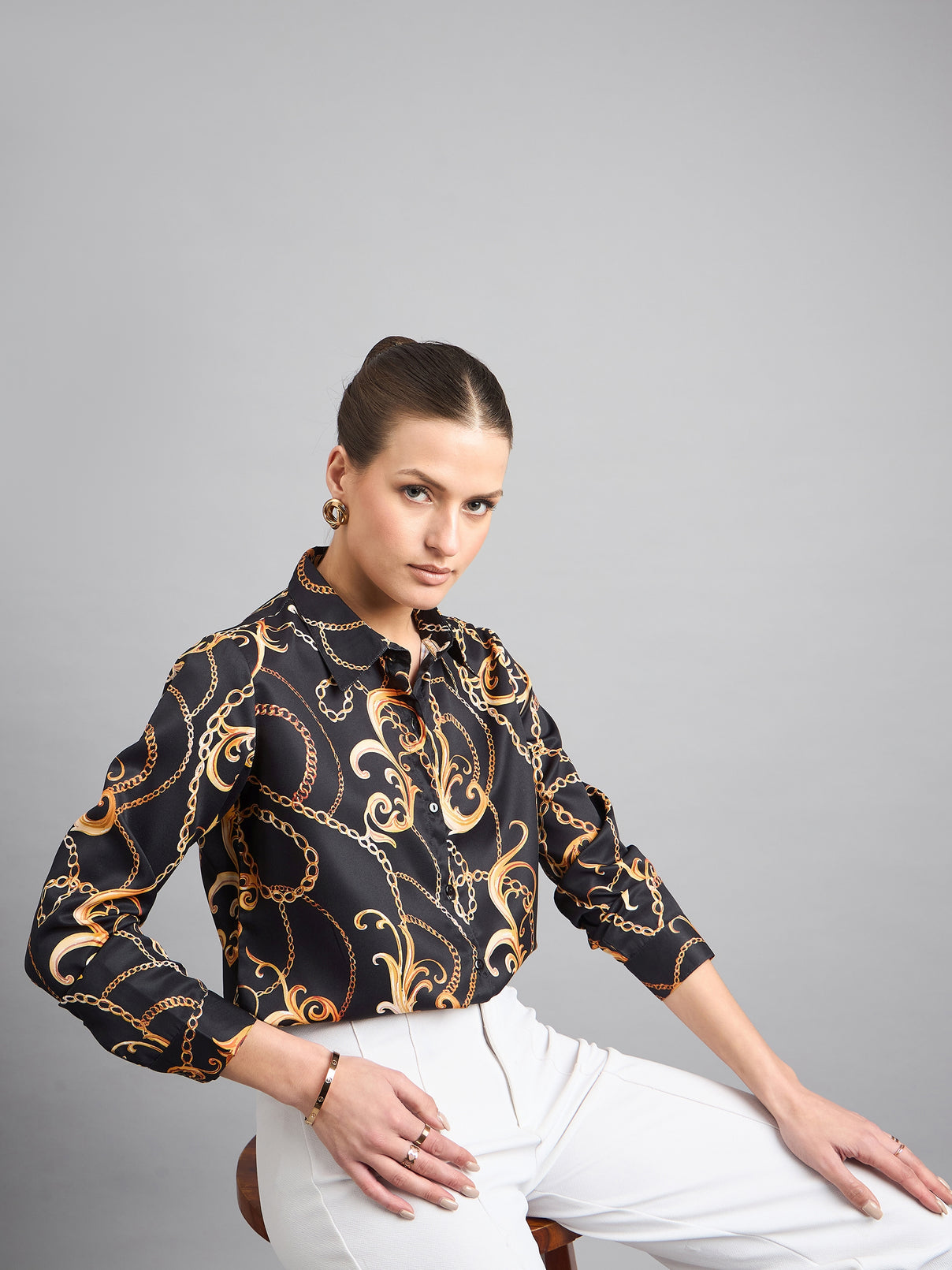 Style Quotient Women Black and Gold Chain Printed Polycrepe Regular Shirt-Shirts-StyleQuotient