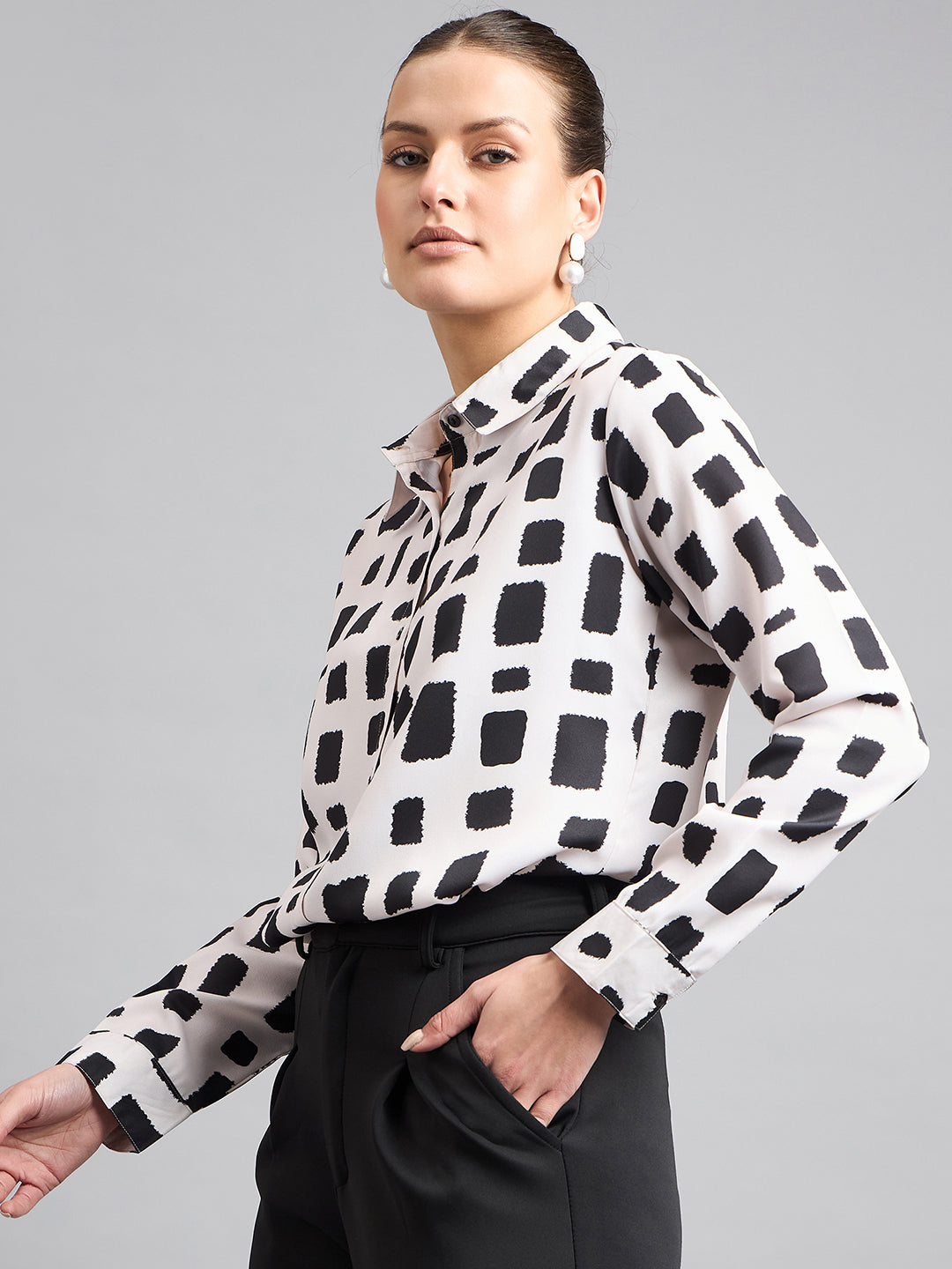 Style Quotient Women Nude And Black Printed Polycrepe Regular Shirt-Shirts-StyleQuotient