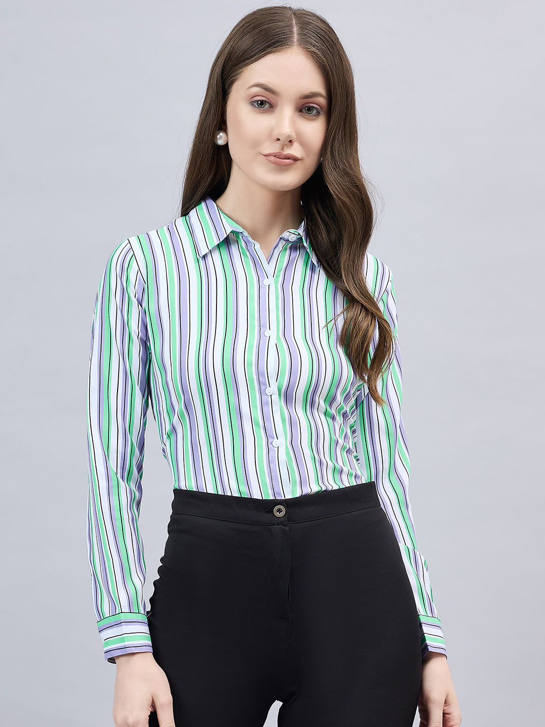 Style Quotient Women Purple And Green Stripe Printed Polyester Regular Fit Formal Shirt-Shirts-StyleQuotient