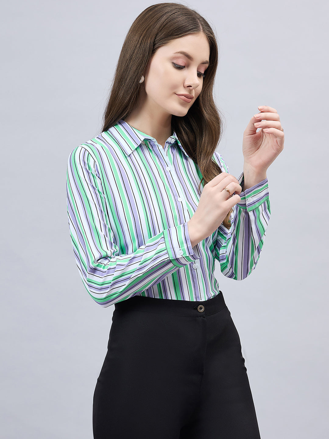 Style Quotient Women Purple And Green Stripe Printed Polyester Regular Fit Formal Shirt-Shirts-StyleQuotient