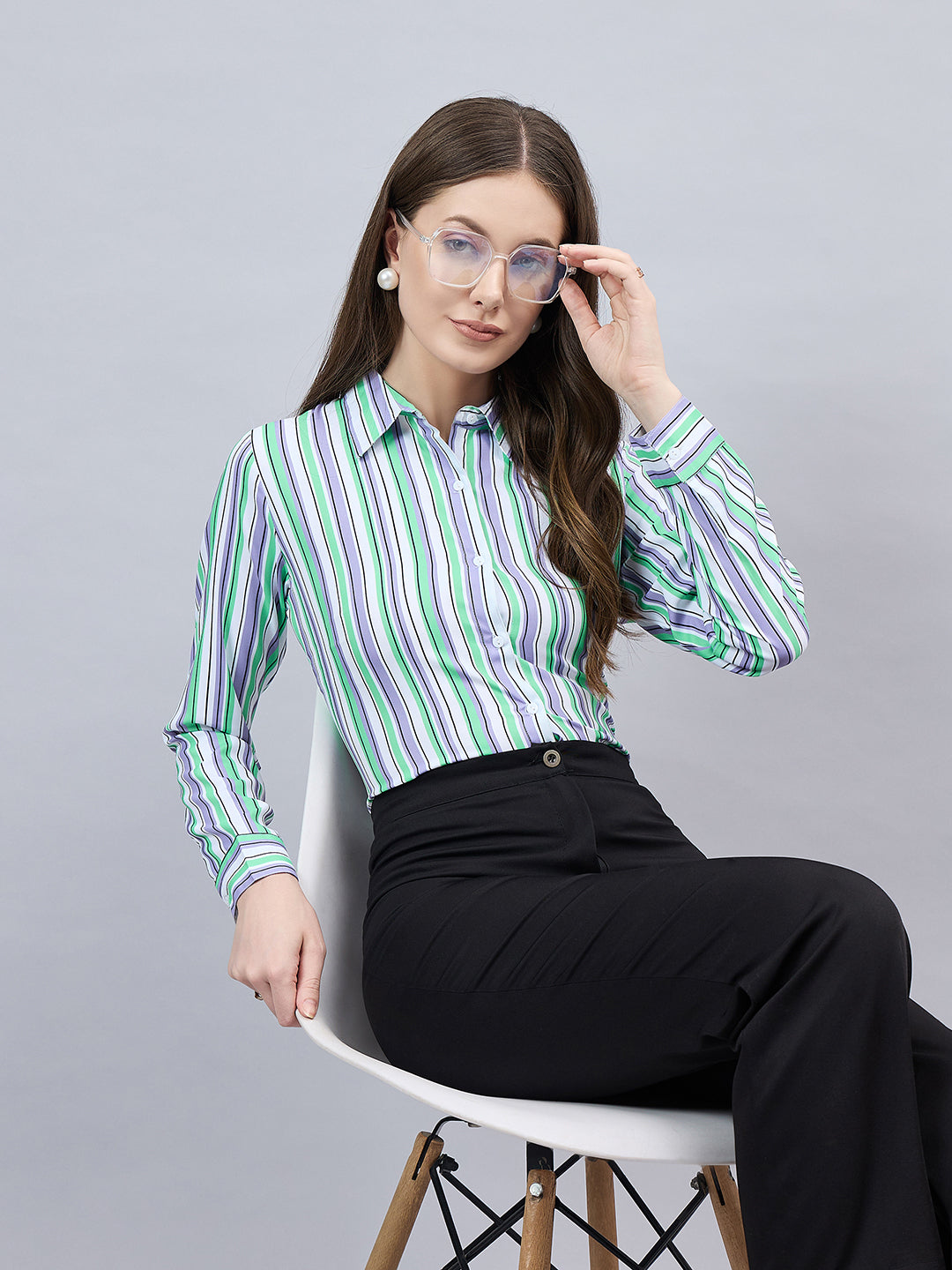 Style Quotient Women Purple And Green Stripe Printed Polyester Regular Fit Formal Shirt-Shirts-StyleQuotient