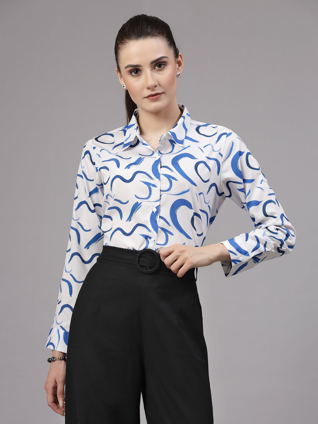 Style Quotient Women Blue and White Abstract Regular Smart Casual Shirt-Shirts-StyleQuotient