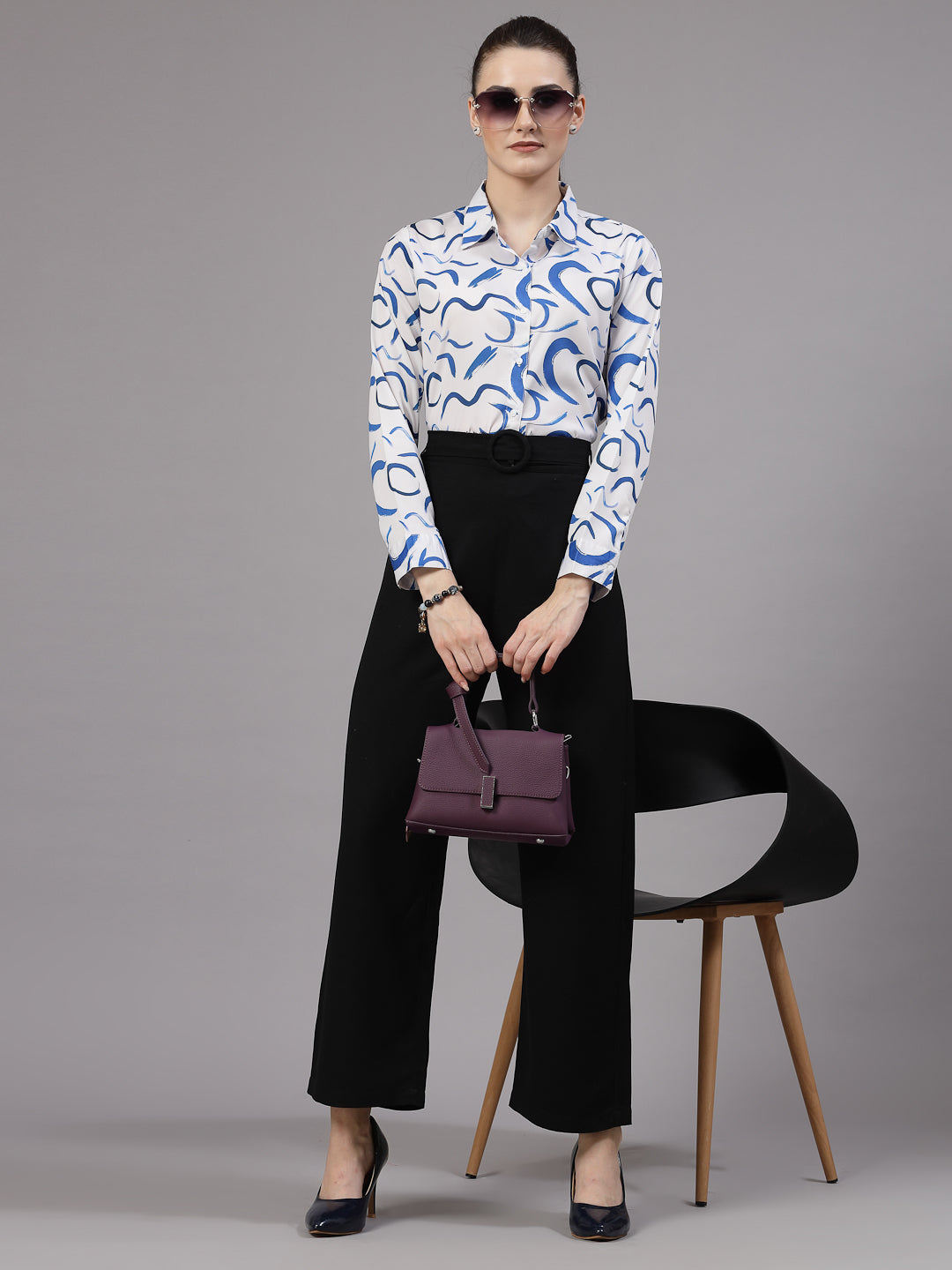 Style Quotient Women Blue and White Abstract Regular Smart Casual Shirt-Shirts-StyleQuotient