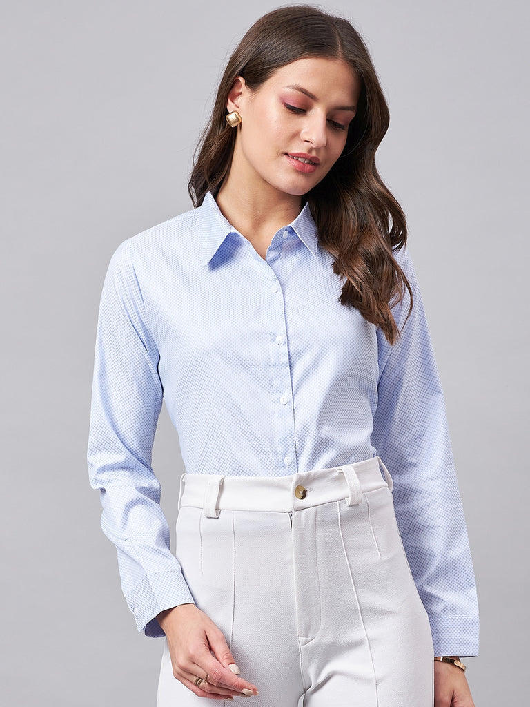 Style Quotient Women Micro Ditys Self Design Blue And White Polycotton Formal Shirt-Shirts-StyleQuotient