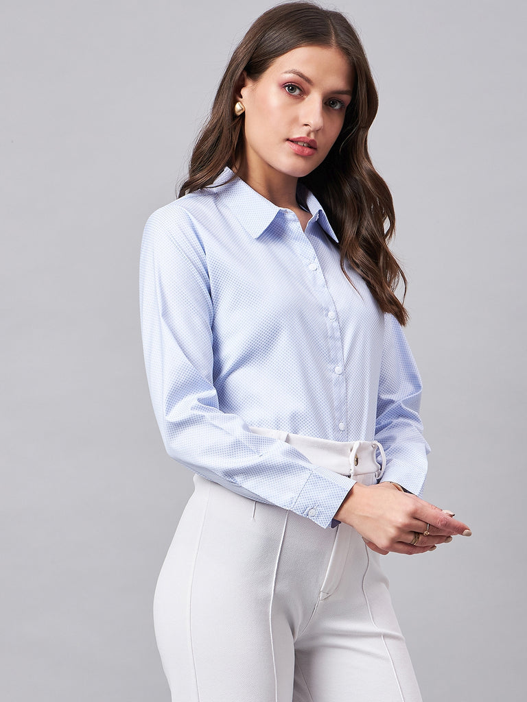 Style Quotient Women Micro Ditys Self Design Blue And White Polycotton Formal Shirt-Shirts-StyleQuotient