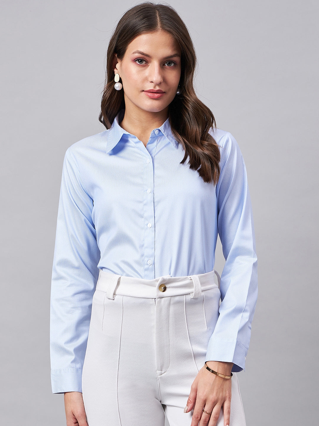 Style Quotient Women Chevron Self Design Blue And White Polycotton Formal Shirt-Shirts-StyleQuotient