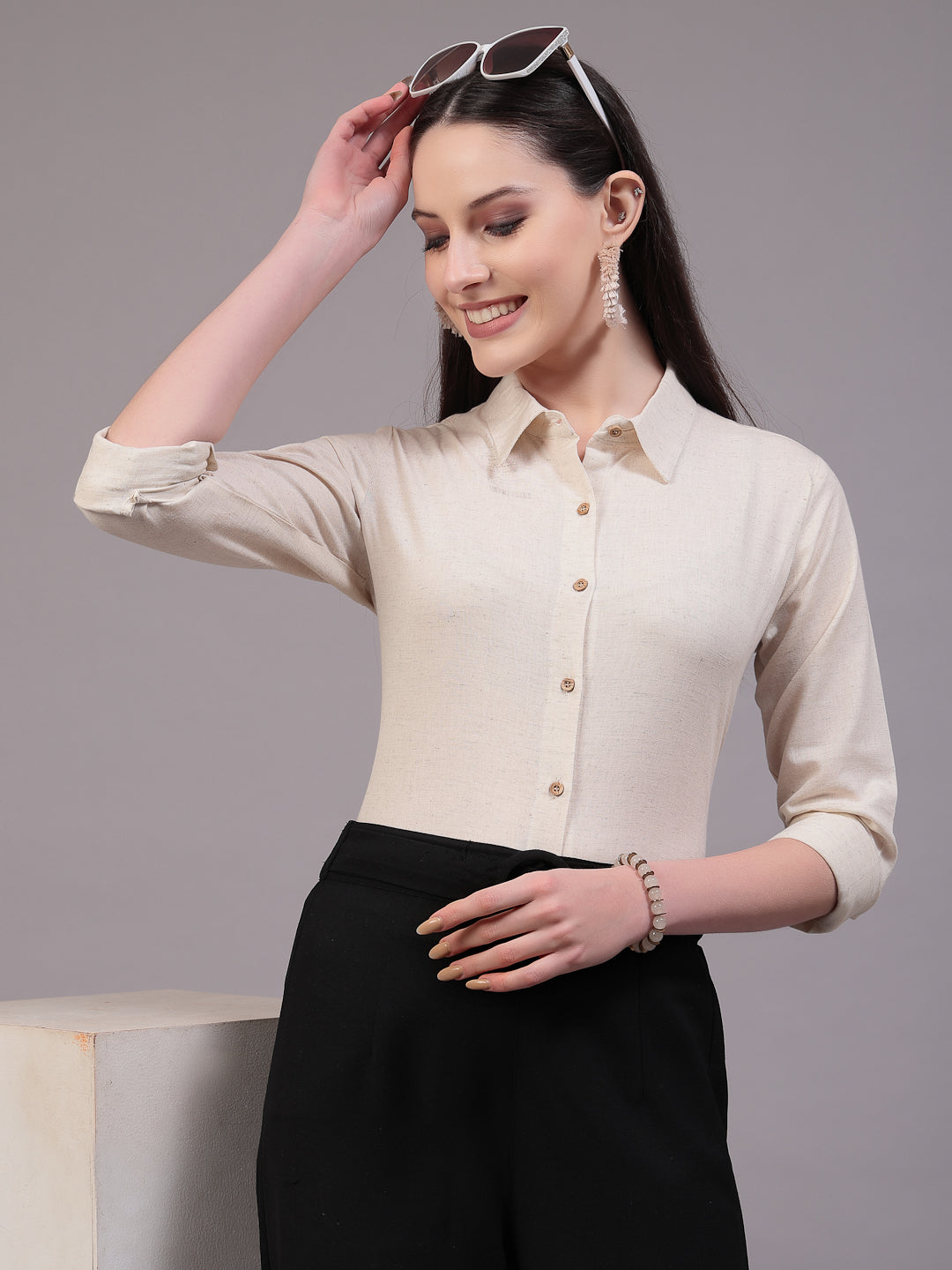 Style Quotient Women Solid Beige cotton Regular Shirt-Shirts-StyleQuotient