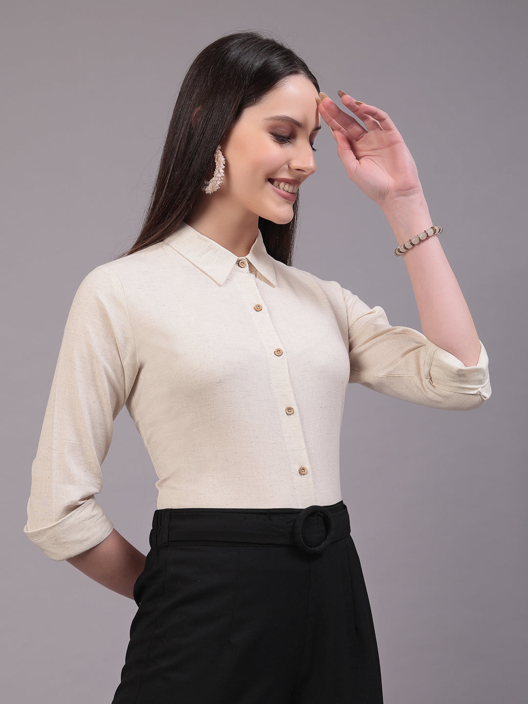 Style Quotient Women Solid Beige cotton Regular Shirt-Shirts-StyleQuotient