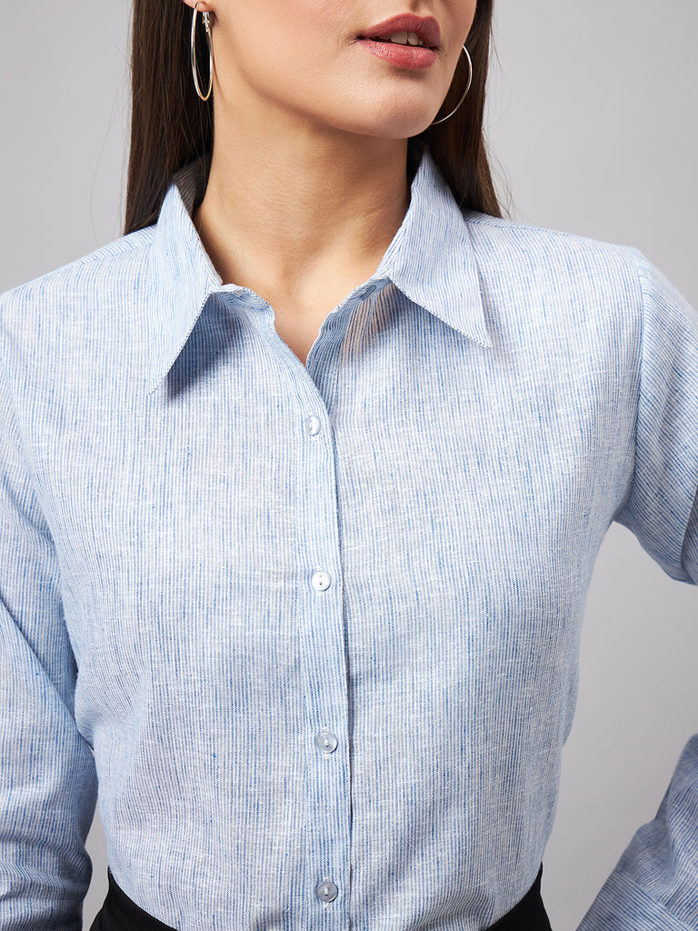 Style Quotient Women Self Design Stripe Blue And White Polycotton Formal Shirt-Shirts-StyleQuotient