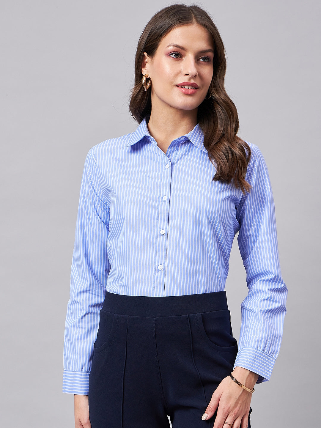 Style Quotient Women Self Design Stripe Blue And White Polycotton Formal Shirt-Shirts-StyleQuotient