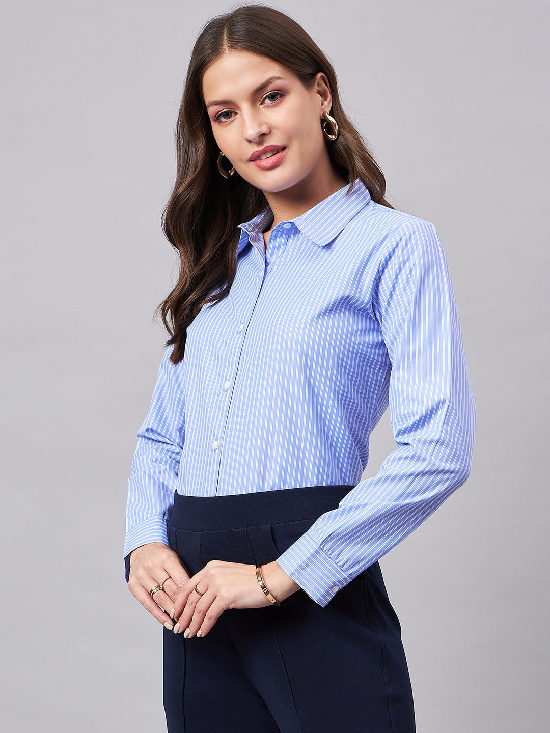 Style Quotient Women Self Design Stripe Blue And White Polycotton Formal Shirt-Shirts-StyleQuotient