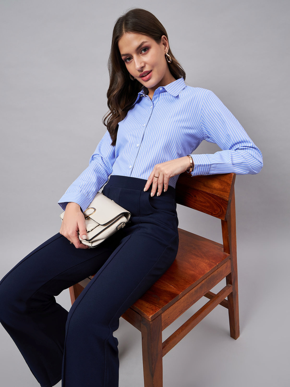 Style Quotient Women Self Design Stripe Blue And White Polycotton Formal Shirt-Shirts-StyleQuotient