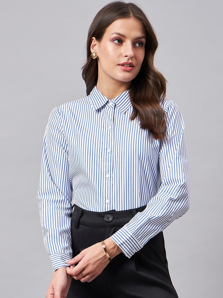 Style Quotient Women Blue And White Stripe Polycotton Regular Shirt-Shirts-StyleQuotient