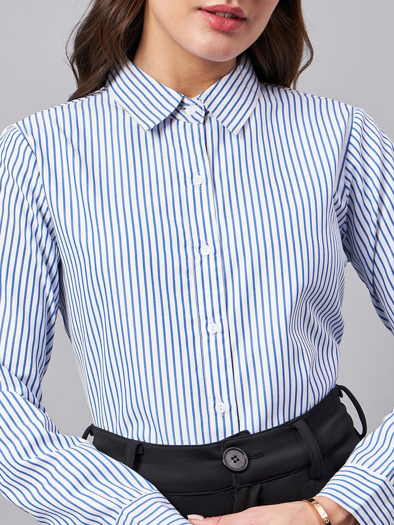 Style Quotient Women Blue And White Stripe Polycotton Regular Shirt-Shirts-StyleQuotient