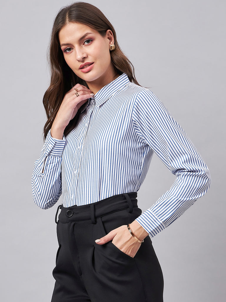 Style Quotient Women Blue And White Stripe Polycotton Regular Shirt-Shirts-StyleQuotient