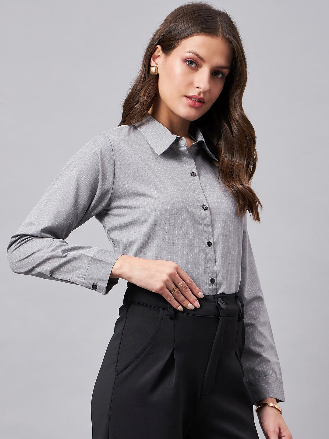 Style Quotient Women Micro Ditys Self Design Grey Polycotton Formal Shirt-Shirts-StyleQuotient