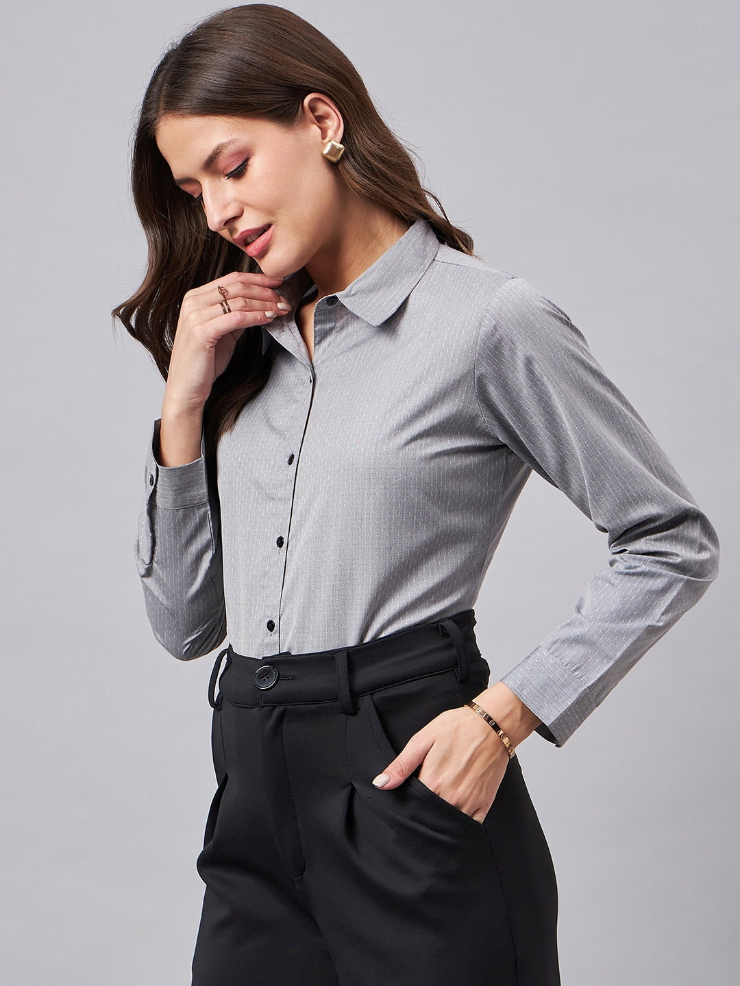 Style Quotient Women Micro Ditys Self Design Grey Polycotton Formal Shirt-Shirts-StyleQuotient