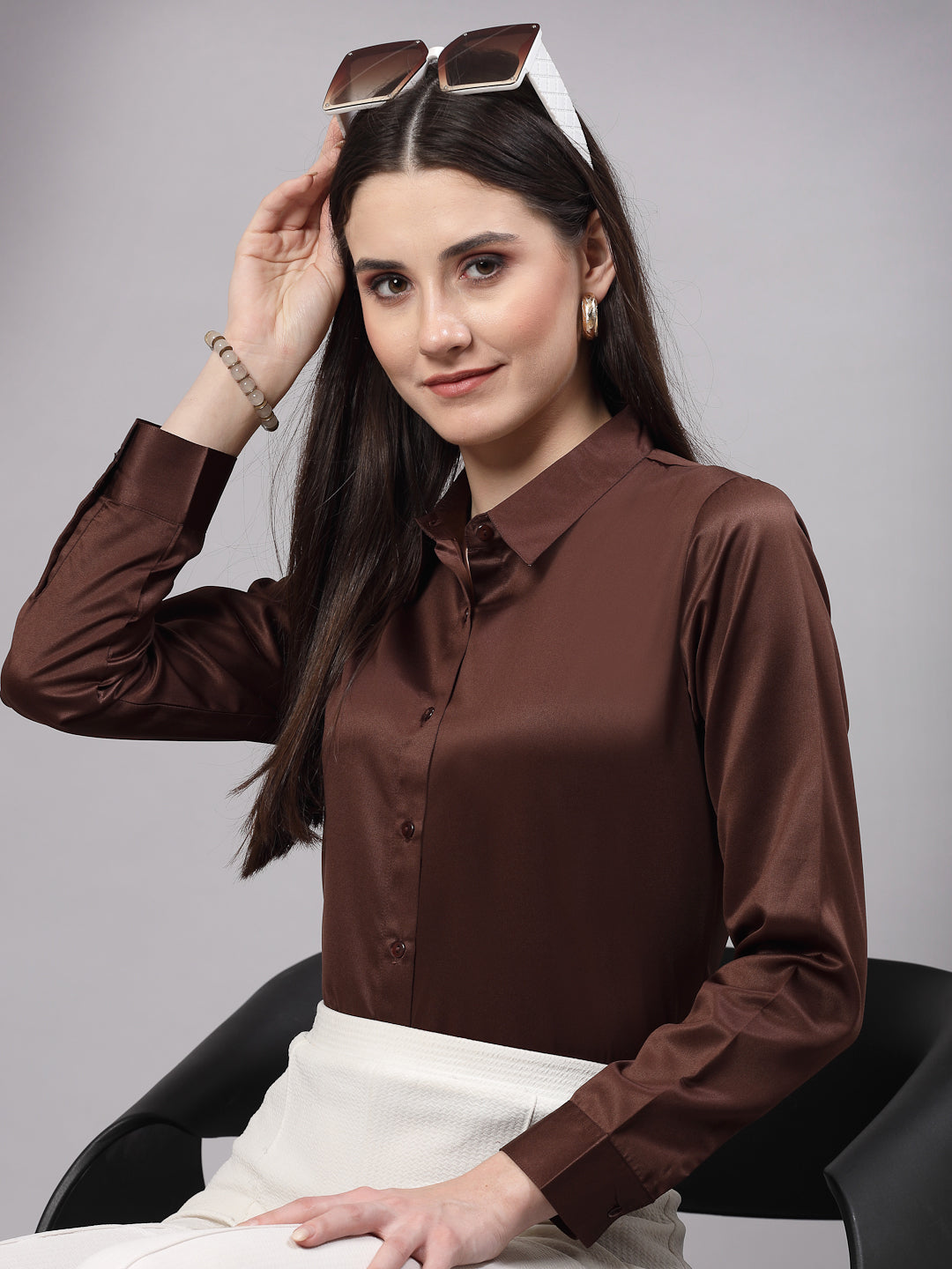 Style Quotient Women Brown Satin Regular Formal Shirt-Shirts-StyleQuotient