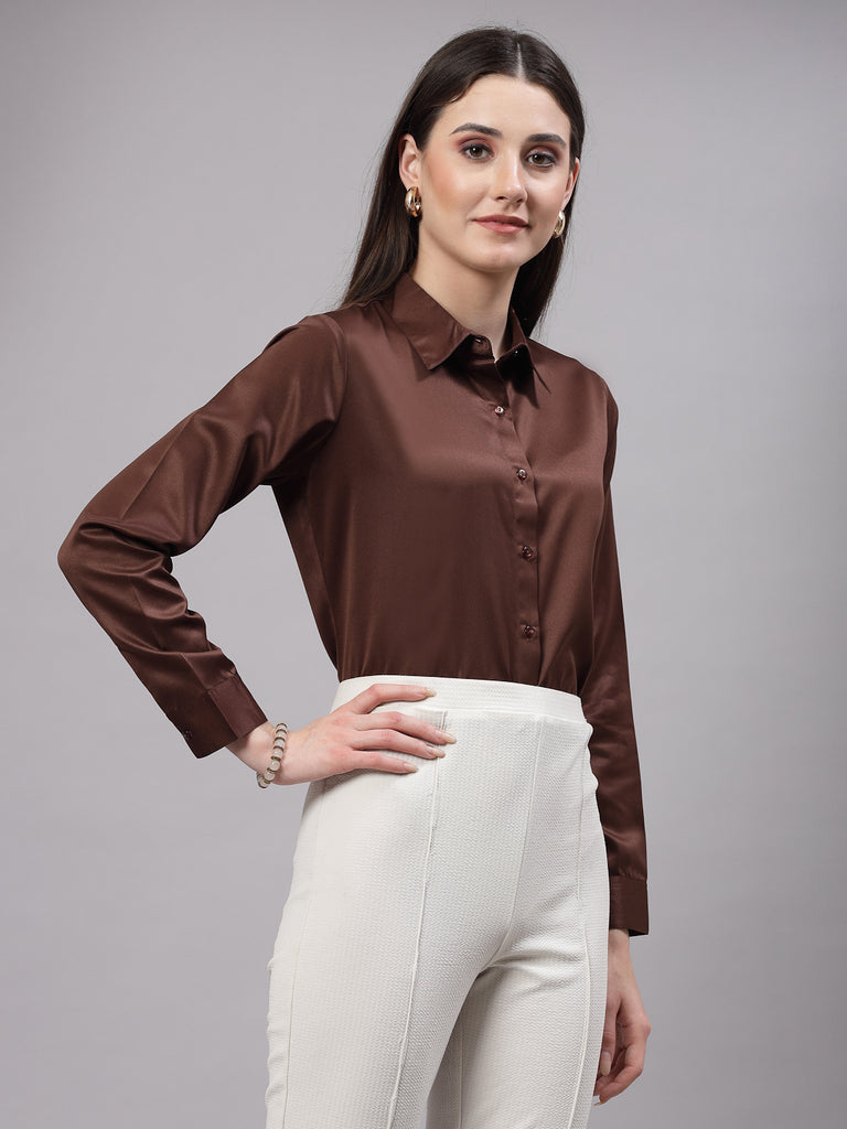 Style Quotient Women Brown Satin Regular Formal Shirt-Shirts-StyleQuotient